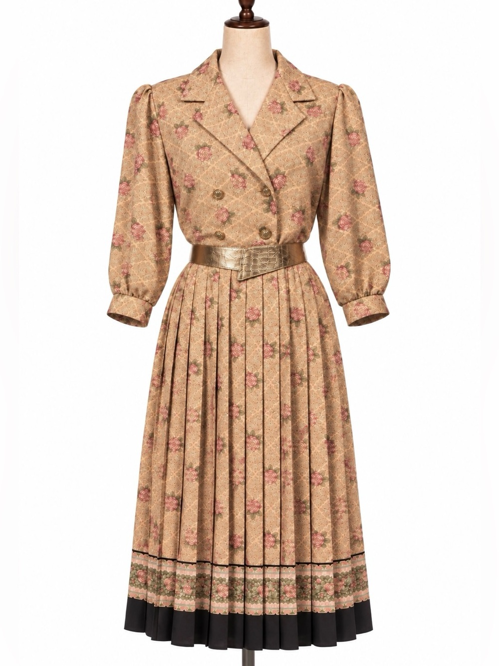 Vintage 80s rose print pleated dress in beige, pink, navy. Gold belt, L